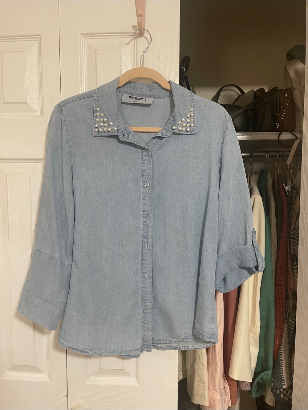 Inner Circle Light Wash Pearl Collar Denim Shirt